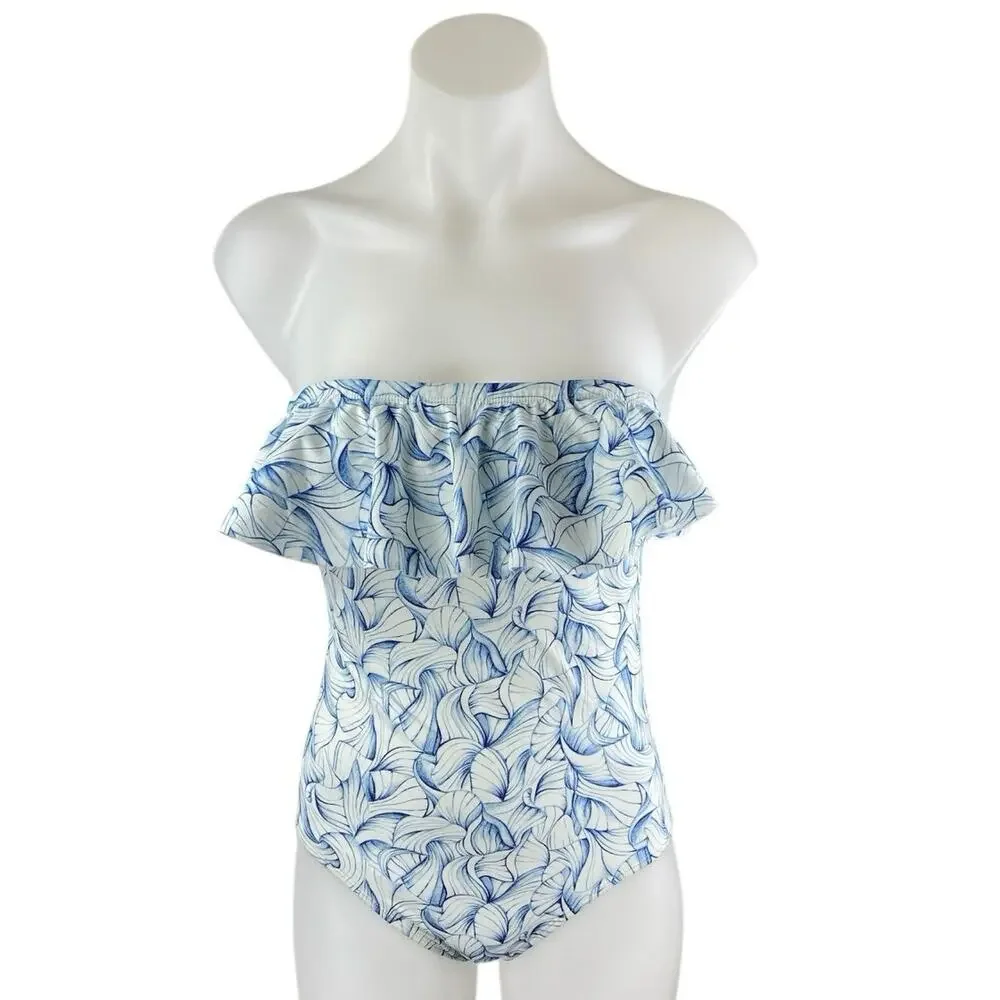 Tory Burch Blue Strapless Ruffle Sleeveless Leaf One Piece Swimsuit Swimwear S